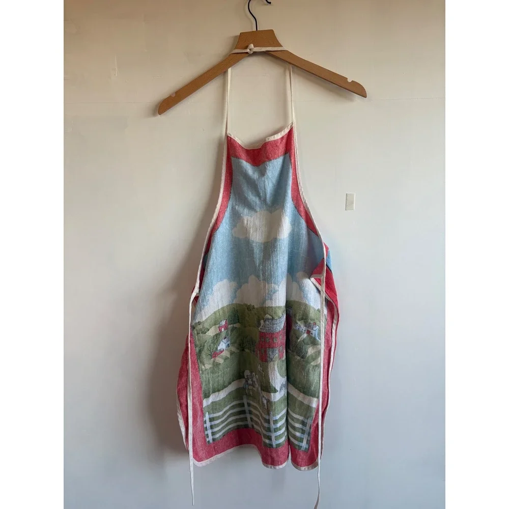 VTG Farm Scene Cotton Country Apron Red Barn Holstein Cow Cottagecore grannycore